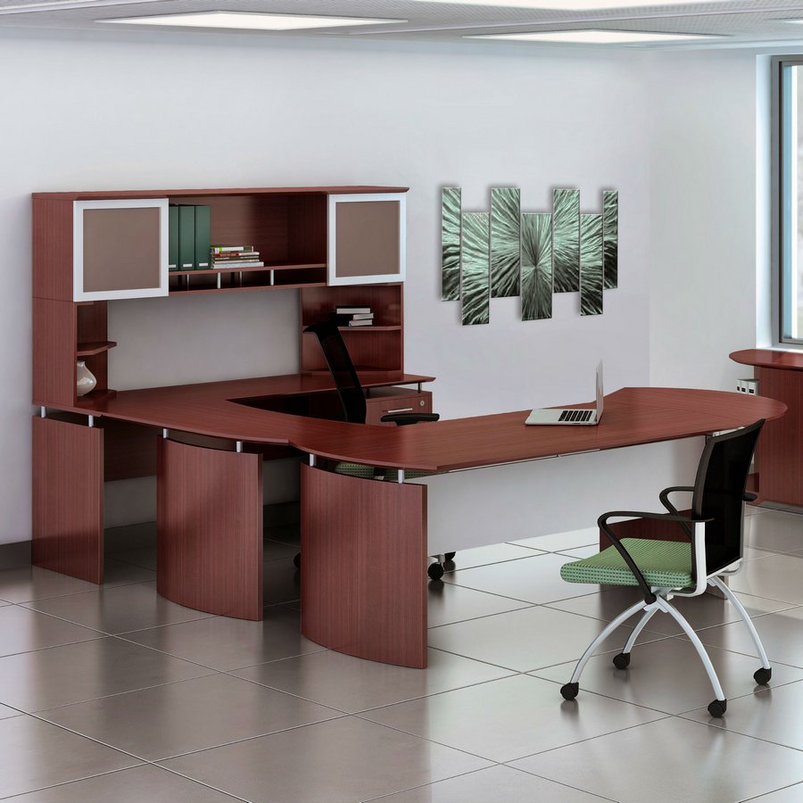 Mayline Medina U Shaped Desk With Hutch In Mahogany Laminate