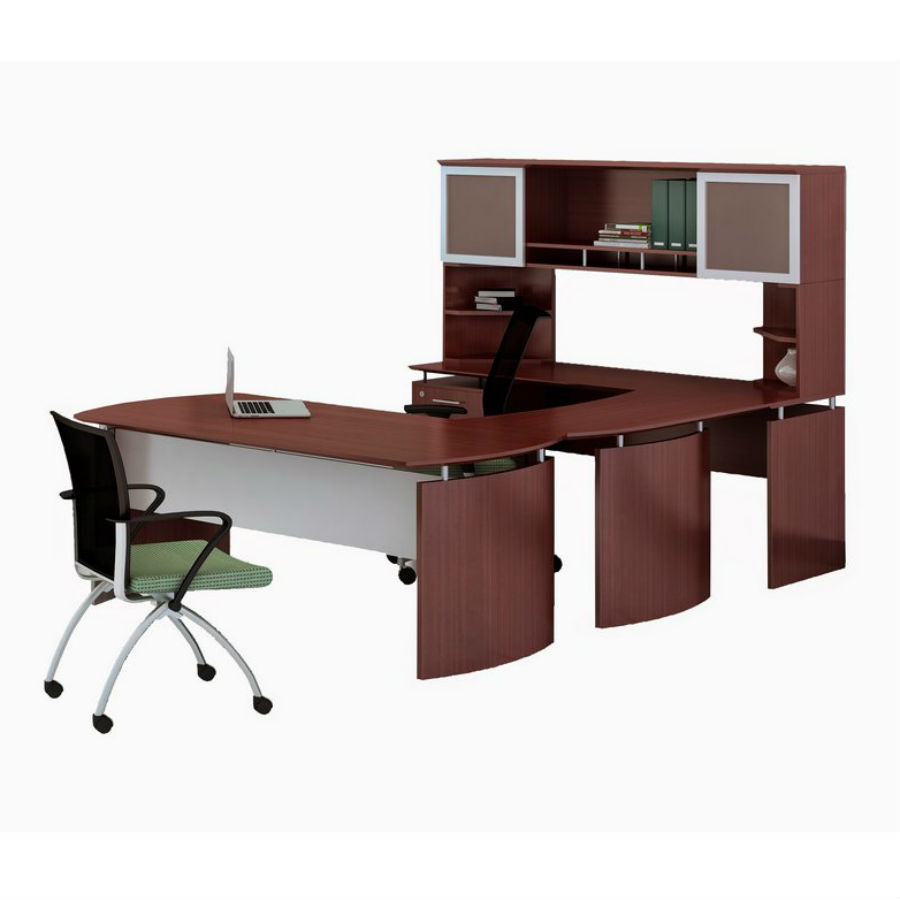 Mayline Medina U Shaped Desk With Hutch In Mahogany Laminate